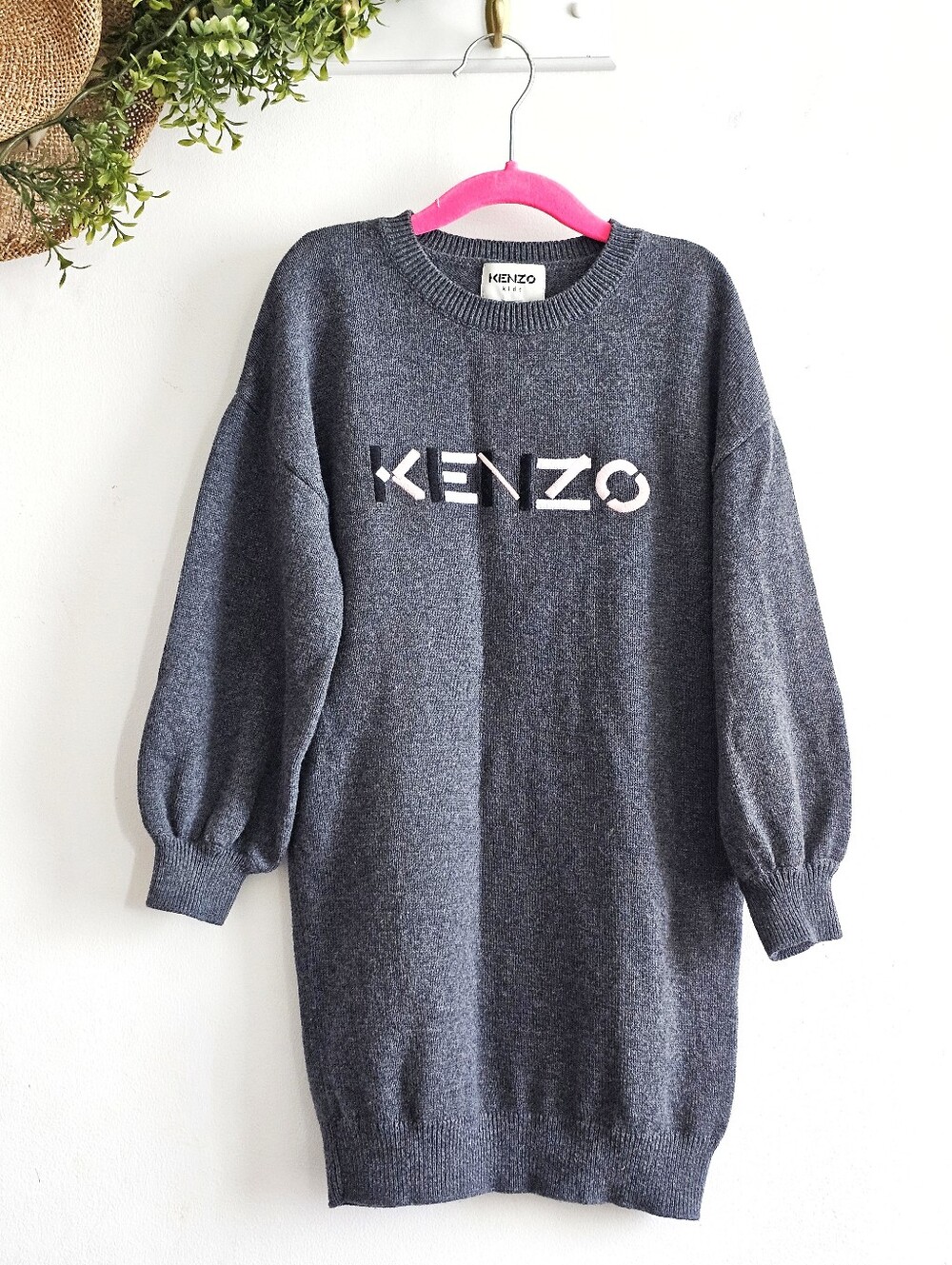 KENZO Kids Gray Logo Knit Sweater Dress 6A 116 Cotton Wool Blend